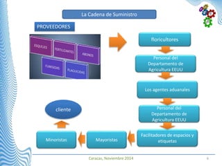 Caracas, Noviembre 2014 6
PROVEEDORES
La Cadena de Suministro
floricultores
Personal del
Departamento de
Agricultura EEUU
Personal del
Departamento de
Agricultura EEUU
Los agentes aduanales
Facilitadores de espacios y
etiquetasMayoristasMinoristas
cliente
 