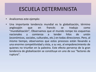 ESCUELA DETERMINISTA
• Analicemos este ejemplo:
• Una importante tendencia mundial es la globalización, término
  anglosajón      que     en      francés       se     tradujo     como
  "mundialización", Observamos que el mundo rompe los esquemas
  nacionales    y    comienza      a     tender    hilos    de    unión
  (económicos, sociales, culturales, etc.) en todas direcciones. Pero, al
  mismo tiempo, observamos que estos procesos están llevando a
  una enorme competitividad y ésta, a su vez, al empobrecimiento de
  quienes no triunfan en la palestra. Este efecto perverso de la gran
  tendencia de globalización se constituye en uno de sus "factores de
  ruptura".
 
