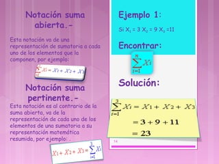 Notación suma
abierta.- 
Esta notación va de una
representación de sumatoria a cada
uno de los elementos que la
componen, por ejemplo: 
Notación suma
pertinente.-
Esta notación es al contrario de la
suma abierta, va de la
representación de cada uno de los
elementos de una sumatoria a su
representación matemática
resumida, por ejemplo: .
 
Ejemplo 1:
 
Si X1 = 3 X2 = 9 X3 =11
Encontrar: 
Solución:
14
 