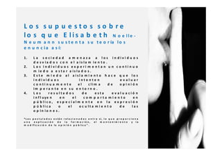 Lo s su p u e sto s so b re
l o s q u e E l i s a b e t h N o e lle -
N e u m a n n s u s t e n t a s u t e o r ía l o s
e n u n c i a a s í:

1.      L a s o cie d a d a m e n a z a a los in divi d u o s
        d e s v ia d o s c o n e l a is la m ie n t o .
2.      L os individ u o s ex p e ri m e nt a n u n c o nti n u o
        m ie d o a e s t a r a is la d o s .
3.      E st e m i e d o al a isl a m i e n t o h a c e q u e lo s
        in divid u o s               inte nte n              evaluar
        c o ntinu a m e nt e        el     clim a       de   opi nión
        im p e r a n t e e n s u e n t o r n o .
4.      Los        res ulta d o s      de     esta        evalu ació n
        i n f l uye n     en     el     com p orta miento           en
        p ú blico, esp e ci alm e n t e e n la ex p r e si ó n
        p ú blica       o     el     oc u lta m i e n t o    de    las
        o p in io n e s .

*L o s p o s t u l a d o s e s tá n r e l a c i o n a d o s e n t r e sí, l o q u e p r o p o r c i o n a
una     e x plic aci ó n       d e la for m a c ió n, el m a n t e nim i e n t o y la
m o d if ic a c ió n d e la o p in ió n p ú b lic a ” .
 
