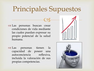 
 Las personas buscan crear
condiciones de vida mediante
las cuales puedan expresar su
propio potencial de la salud
humana.
 Las personas tienen la
capacidad de poseer una
autoconciencia reflexiva,
incluida la valoración de sus
propias competencias.
Principales Supuestos
 