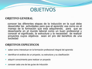 OBJETIVOSOBJETIVO GENERAL conocer las diferentes etapas de la inducción en la cual debe  desarrollar las  actividades para que el aprendiz vea como es el manejo de la formación que esta adquiriendo,  para  que se desempeñe en el mundo laboral como un buen profesional y conocer el significado, la estructura y la necesidad  de realizar proyectos cuyos objetivos  sean en pro del beneficio de una sociedadOBJETIVOS ESPECIFICOS saber como interactuar en la formación profesional integral del aprendiz identificar el análisis de un proyecto, su estructura y su clasificación adquirir conocimiento para realizar un proyecto conocer cada una de las guías de inducción