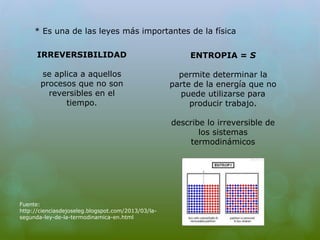 * Es una de las leyes más importantes de la física 
IRREVERSIBILIDAD 
se aplica a aquellos 
procesos que no son 
reversibles en el 
tiempo. 
ENTROPIA = S 
permite determinar la 
parte de la energía que no 
puede utilizarse para 
producir trabajo. 
describe lo irreversible de 
los sistemas 
termodinámicos 
Fuente: 
http://cienciasdejoseleg.blogspot.com/2013/03/la-segunda- 
ley-de-la-termodinamica-en.html 
 