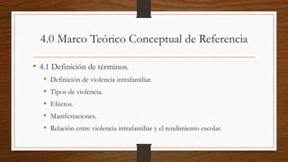 4.0 Marco Teórico Conceptual de Referencia
• 4.1 Definición de términos.
• Definición de violencia intrafamiliar.
• Tipos de violencia.
• Efectos.
• Manifestaciones.
• Relación entre violencia intrafamiliar y el rendimiento escolar.
 