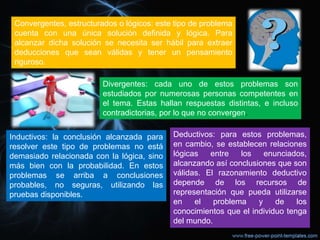 Convergentes, estructurados o lógicos: este tipo de problema
cuenta con una única solución definida y lógica. Para
alcanzar dicha solución se necesita ser hábil para extraer
deducciones que sean válidas y tener un pensamiento
riguroso.
Divergentes: cada uno de estos problemas son
estudiados por numerosas personas competentes en
el tema. Estas hallan respuestas distintas, e incluso
contradictorias, por lo que no convergen.
Inductivos: la conclusión alcanzada para
resolver este tipo de problemas no está
demasiado relacionada con la lógica, sino
más bien con la probabilidad. En estos
problemas se arriba a conclusiones
probables, no seguras, utilizando las
pruebas disponibles.
Deductivos: para estos problemas,
en cambio, se establecen relaciones
lógicas entre los enunciados,
alcanzando así conclusiones que son
válidas. El razonamiento deductivo
depende de los recursos de
representación que pueda utilizarse
en el problema y de los
conocimientos que el individuo tenga
del mundo.
 