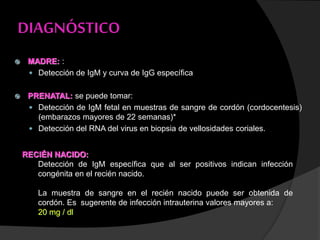 DIAGNÓSTICO
 MADRE: :
 Detección de IgM y curva de IgG específica
 PRENATAL: se puede tomar:
 Detección de IgM fetal en muestras de sangre de cordón (cordocentesis)
(embarazos mayores de 22 semanas)*
 Detección del RNA del virus en biopsia de vellosidades coriales.
RECIÉN NACIDO:
Detección de IgM específica que al ser positivos indican infección
congénita en el recién nacido.
La muestra de sangre en el recién nacido puede ser obtenida de
cordón. Es sugerente de infección intrauterina valores mayores a:
20 mg / dl
 