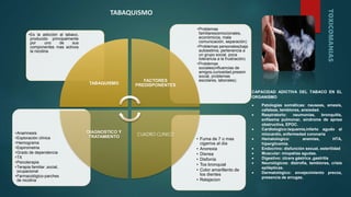 • Fuma de 7 o mas
cigarros al día
• Anorexia
• Disnea
• Disfonía
• Tos bronquial
• Color amarillento de
los dientes
• Relajacion
•Anamnesis
•Exploración clínica
•Hemograma
•Espirometria
•Grado de dependencia
•TX
•Psicoterapia
•Terapia familiar ,social,
ocupacional
•Farmacológico-parches
de nicotina
•Problemas
familiares(emocionales,
económicos, mala
comunicación, separación)
•Problemas personales(baja
autoestima, pertenencia a
un grupo social, poca
tolerancia a la frustración)
•Problemas
sociales(influencias de
amigos,curiosidad,presion
social, problemas
escolares, laborales).
•Es la adicción al tabaco,
producido principalmente
por uno de sus
componentes mas activos
la nicotina
TABAQUISMO
FACTORES
PREDISPONENTES
CUADRO CLINICO
DIAGNOSTICO Y
TRATAMIENTO
CAPACIDAD ADICTIVA DEL TABACO EN EL
ORGANISMO
 Patologías somáticas: nauseas, emesis,
cefaleas, temblores, ansiedad.
 Respiratorio: neumonías, bronquitis,
enfisema pulmonar, síndrome de apnea
obstructiva, EPOC.
 Cardiologico:isquemia,infarto agudo al
miocardio, enfermedad coronaria
 Hematologico: anemias, HTA,
hiperglicemia.
 Endocrino: disfunción sexual, esterilidad
 Muscular: miopatías agudas.
 Digestivo: úlcera gástrica ,gastritis
 Neurológicos: distrofia, temblores, crisis
epilépticas.
 Dermatológico: envejecimiento precoz,
presencia de arrugas.
TABAQUISMO
 