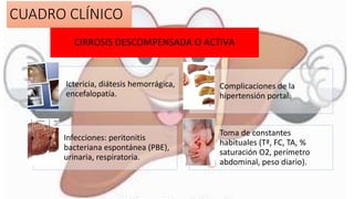Ictericia, diátesis hemorrágica,
encefalopatía.
Complicaciones de la
hipertensión portal.
Infecciones: peritonitis
bacteriana espontánea (PBE),
urinaria, respiratoria.
Toma de constantes
habituales (Tª, FC, TA, %
saturación O2, perímetro
abdominal, peso diario).
CIRROSIS DESCOMPENSADA O ACTIVA
CUADRO CLÍNICO
 
