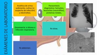 EXÁMENESDELABORATORIO Analítica de orina:
sedimento, cultivo (si
sospecha de infección)
y electrolitos.
Paracentesis
diagnóstica: hematíes,
leucocitos (neutrófilos),
proteínas totales,
Gasometría: si disnea o
infección respiratoria.
Rx tórax.
Rx abdomen.
 