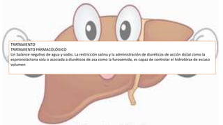 TRATAMIENTO
TRATAMIENTO FARMACOLÓGICO
Un balance negativo de agua y sodio. La restricción salina y la administración de diuréticos de acción distal como la
espironolactona sola o asociada a diuréticos de asa como la furosemida, es capaz de controlar el hidrotórax de escaso
volumen
 