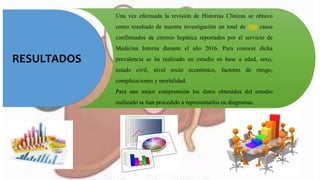 Una vez efectuada la revisión de Historias Clínicas se obtuvo
como resultado de nuestra investigación un total de 580 casos
confirmados de cirrosis hepática reportados por el servicio de
Medicina Interna durante el año 2016. Para conocer dicha
prevalencia se ha realizado un estudio en base a edad, sexo,
estado civil, nivel socio económico, factores de riesgo,
complicaciones y mortalidad.
Para una mejor comprensión los datos obtenidos del estudio
realizado se han procedido a representarlos en diagramas.
RESULTADOS
 