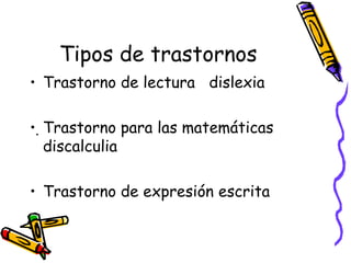 Tipos de trastornos Trastorno de lectura  dislexia  Trastorno para las matemáticas discalculia Trastorno de expresión escrita 
