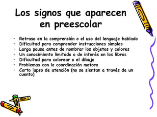 Los signos que aparecen en preescolar Retraso en la comprensión o el uso del lenguaje hablado Dificultad para comprender instrucciones simples  Larga pausa antes de nombrar los objetos y colores  Un conocimiento limitado o de interés en los libros  Dificultad para colorear o el dibujo  Problemas con la coordinación motora  Corto lapso de atención (no se sientan a través de un cuento)  