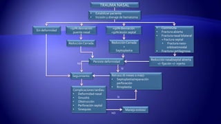 TRAUMA NASAL
• Estabilizar paciente
• Incisión y drenaje de hematoma
Sin deformidad
<50% desviación
puente nasal
>50% desviación
<50% lesión septal
• Conminuta
• Fractura abierta
• Fractura nasal bilateral
+ fractura septal
• Fractura naso-
orbitoetmoidal
• Fractura cartilaginosa
ReducciónCerrada ReducciónCerrada
+
Septoplastia
Reducción nasal/septal abierta
+/- fijación +/- injerto
Manejo exitoso
Complicaciones tardías:
• Deformidad nasal
• Sinusitis
• Obstrucción
• Perforación septal
• Sinequias
Retraso (6 meses o más):
• Septoplastia/reparación
perforación
• Rinoplastia
Seguimiento
Persiste deformidad
NO
SI
NO
SI
 