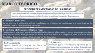 MARCO TEORICO
1. Resistencia de una roca
Ya sea una roca o sedimentos no bien consolidados, su resistencia es condicionada a la mineralogía de las
partículas como el contacto que hay entre ellas.
2. Resistencia a la Compresión Simple de Rocas
Es el parámetro más usado para definir la ripabilidad (resistencia a la rotura) y el comportamiento geo-mecánico
de un macizo rocoso. Para que exista una rotura en la roca debido a la compresión, debe existir una mayor
densidad de fisuras en su cuerpo. Para esto ocurren dos fenómenos:
2.1. Fragmentación
Aparece cuando el centro de las fisuras es
homogéneo y no hay interacción entre estas.
PROPIEDADES MECÁNICAS DE LAS ROCAS
La resistencia mecánica es muy importante para determinar la capacidad de durabilidad de
las rocas y la resistencia que esta hace frente a la acción de los agentes deteriorantes.
2.2. Fractura
Generada por la concentración específica de las
fisuras microscópicas que se juntan, formando una
fisura macroscópica al momento de aplicar la carga.
 