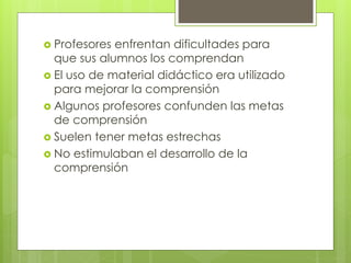  Profesores enfrentan dificultades para
que sus alumnos los comprendan
 El uso de material didáctico era utilizado
para mejorar la comprensión
 Algunos profesores confunden las metas
de comprensión
 Suelen tener metas estrechas
 No estimulaban el desarrollo de la
comprensión
 