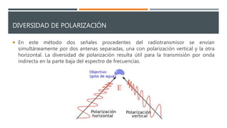 DIVERSIDAD DE POLARIZACIÓN
 En este método dos señales procedentes del radiotransmisor se envían
simultáneamente por dos antenas separadas, una con polarización vertical y la otra
horizontal. La diversidad de polarización resulta útil para la transmisión por onda
indirecta en la parte baja del espectro de frecuencias.
 