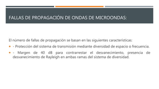 FALLAS DE PROPAGACIÓN DE ONDAS DE MICROONDAS:
El número de fallas de propagación se basan en las siguientes características:
 - Protección del sistema de transmisión mediante diversidad de espacio o frecuencia.
 - Margen de 40 dB para contrarrestar el desvanecimiento, presencia de
desvanecimiento de Rayleigh en ambas ramas del sistema de diversidad.
 