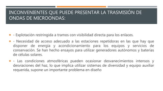 INCONVENIENTES QUE PUEDE PRESENTAR LA TRASMISIÓN DE
ONDAS DE MICROONDAS:
 - Explotación restringida a tramos con visibilidad directa para los enlaces.
 - Necesidad de acceso adecuado a las estaciones repetidoras en las que hay que
disponer de energía y acondicionamiento para los equipos y servicios de
conservación. Se han hecho ensayos para utilizar generadores autónomos y baterías
de células solares.
 - Las condiciones atmosféricas pueden ocasionar desvanecimientos intensos y
desviaciones del haz, lo que implica utilizar sistemas de diversidad y equipo auxiliar
requerida, supone un importante problema en diseño
 