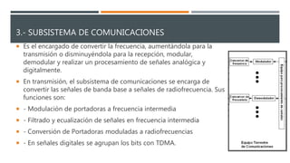 3.- SUBSISTEMA DE COMUNICACIONES
 Es el encargado de convertir la frecuencia, aumentándola para la
transmisión o disminuyéndola para la recepción, modular,
demodular y realizar un procesamiento de señales analógica y
digitalmente.
 En transmisión, el subsistema de comunicaciones se encarga de
convertir las señales de banda base a señales de radiofrecuencia. Sus
funciones son:
 - Modulación de portadoras a frecuencia intermedia
 - Filtrado y ecualización de señales en frecuencia intermedia
 - Conversión de Portadoras moduladas a radiofrecuencias
 - En señales digitales se agrupan los bits con TDMA.
 