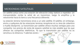 MICROONDAS SATELITALES
Un satélite actúa como una estación de relevación (relay station) o repetidor. Un
transpondedor recibe la señal de un transmisor, luego la amplifica y la
retransmite hacia la tierra a una frecuencia diferente.
La estación terrena transmisora envía a un solo satélite. El satélite, sin embargo,
envía a cualquiera de las estaciones terrenas receptoras en su área de cobertura
o huella (footprint). La transmisión por satélite ofrece muchas ventajas para una
compañía. Los precios de renta de espacio satelital es más estable que los que
ofrecen las compañías telefónicas. Ya que la transmisión por satélite no es
sensitiva a la distancia. Y además existe un gran ancho de banda disponible.
 