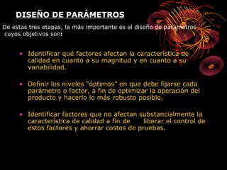 DISEÑO DE PARÁMETROS
De estas tres etapas, la más importante es el diseño de parametros
cuyos objetivos son:


     • Identificar qué factores afectan la característica de
       calidad en cuanto a su magnitud y en cuanto a su
       variabilidad.

     • Definir los niveles “óptimos” en que debe fijarse cada
       parámetro o factor, a fin de optimizar la operación del
       producto y hacerlo lo más robusto posible.

     • Identificar factores que no afectan substancialmente la
       característica de calidad a fin de   liberar el control de
       estos factores y ahorrar costos de pruebas.
 