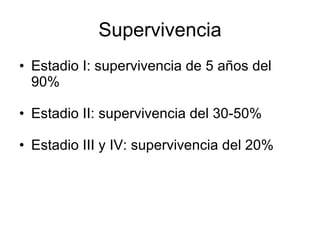 Supervivencia Estadio I: supervivencia de 5 años del 90% Estadio II: supervivencia del 30-50% Estadio III y IV: supervivencia del 20% 