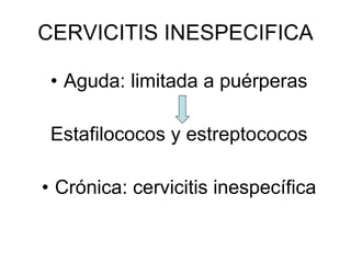 CERVICITIS INESPECIFICA Aguda: limitada a puérperas Estafilococos y estreptococos Crónica: cervicitis inespecífica 