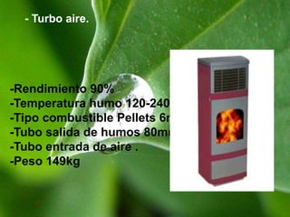 Tubo entrada de aire - L’eco aire.-Rendimiento 90%-Temperatura humo 120-240º-Capacidad tolva 32kg-Tipo combustible Pellets 6mm-Tubo salida de humos 80mm-Tubo entrada de aire 42mm-Peso 105kg 