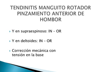  Y en supraespinoso: IN – OR
 Y en deltoides: IN – OR
 Corrección mecánica con
tensión en la base
 