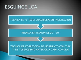TECNICA DE CORRECCION DE LIGAMENTO CON TIRA
“I” DE TUBEROSIDAD ANTERIOR A CADA CONDILO
RODILLA EN FLEXION DE 20 – 30°
TECNICA EN “Y” PARA CUADRICEPS EN FACILITACION
 