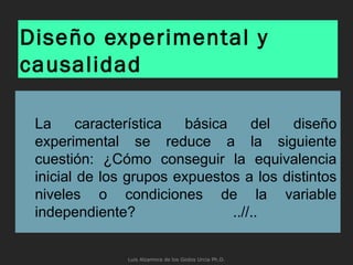 Diseño experimental y
causalidad
La característica básica del diseño
experimental se reduce a la siguiente
cuestión: ¿Cómo conseguir la equivalencia
inicial de los grupos expuestos a los distintos
niveles o condiciones de la variable
independiente? ..//..
Luis Alzamora de los Godos Urcia Ph.D.
 