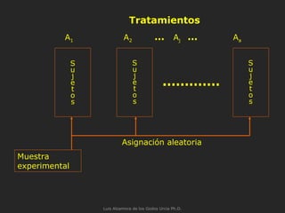 Muestra
experimental
Asignación aleatoria
Tratamientos
.…………
A1 A2 … Aj … Aa
S
u
j
e
t
o
s
S
u
j
e
t
o
s
S
u
j
e
t
o
s
Luis Alzamora de los Godos Urcia Ph.D.
 