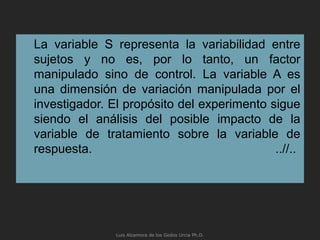 La variable S representa la variabilidad entre
sujetos y no es, por lo tanto, un factor
manipulado sino de control. La variable A es
una dimensión de variación manipulada por el
investigador. El propósito del experimento sigue
siendo el análisis del posible impacto de la
variable de tratamiento sobre la variable de
respuesta. ..//..
Luis Alzamora de los Godos Urcia Ph.D.
 