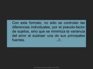 Con este formato, no sólo se controlan las
diferencias individuales, por el pseudo-factor
de sujetos, sino que se minimiza la variancia
del error al sustraer una de sus principales
fuentes. ..//..
Luis Alzamora de los Godos Urcia Ph.D.
 