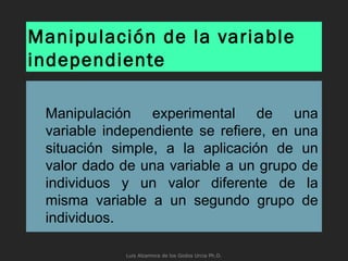 Manipulación de la variable
independiente
Manipulación experimental de una
variable independiente se refiere, en una
situación simple, a la aplicación de un
valor dado de una variable a un grupo de
individuos y un valor diferente de la
misma variable a un segundo grupo de
individuos.
Luis Alzamora de los Godos Urcia Ph.D.
 