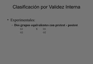 Clasificación por Validez Interna
• Experimentales:
– Dos grupos equivalentes con pretest - postest
G1 X O1
G2 O2
 