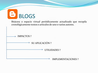           BLOGS Bitácora o espacio virtual periódicamente actualizado que recopila cronológicamente textos o artículos de uno o varios autores.IMPACTOS ?SU APLICACIÓN ?UTILIDADES ?IMPLEMENTACIONES ?