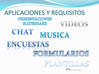 APLICACIONES Y REQUISITOSPRESENTACIONES SLIDESHAREVIDEOSCHATMUSICAENCUESTASFORMULARIOSPLANTILLASETC………………