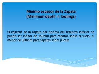 Mínimo espesor de la Zapata
            (Minimum depth in footings)


El espesor de la zapata por encima del refuerzo inferior no
puede ser menor de 150mm para zapatas sobre el suelo, ni
menor de 300mm para zapatas sobre pilotes
 