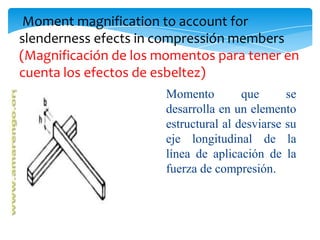 Moment magnification to account for
slenderness efects in compressión members
(Magnificación de los momentos para tener en
cuenta los efectos de esbeltez)
                       Momento         que      se
                       desarrolla en un elemento
                       estructural al desviarse su
                       eje longitudinal de la
                       línea de aplicación de la
                       fuerza de compresión.
 