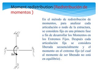 Moment redistribution (Redistribución de
momentos )
                En el método de redistribución de
                momentos, para analizar cada
                articulación o nodo de la estructura,
                se considera fija en una primera fase
                a fin de desarrollar los Momentos en
                los Extremos Fijos. Después cada
                articulación fija se considera
                liberada secuencialmente y el
                momento en el extremo fijo (el cual
                al momento de ser liberado no está
                en equilibrio) .
 