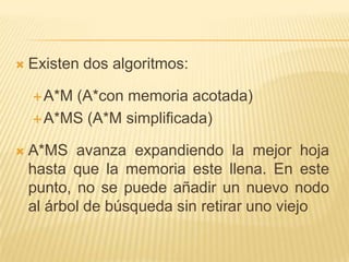 Existen dos algoritmos:A*M (A*con memoria acotada)A*MS (A*M simplificada)A*MS avanza expandiendo la mejor hoja hasta que la memoria este llena. En este punto, no se puede añadir un nuevo nodo al árbol de búsqueda sin retirar uno viejo