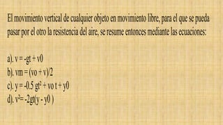 Elmovimientoverticaldecualquierobjetoenmovimientolibre,paraelquesepueda
pasarporelotrolaresistenciadelaire,seresumeentoncesmediantelasecuaciones:
a).v=-gt+v0
b).vm=(vo+v)/2
c).y=-0.5gt²+vot+y0
d).v²=-2gt(y-y0)
 