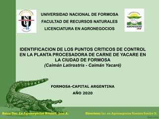 UNIVERSIDAD NACIONAL DE FORMOSA
FACULTAD DE RECURSOS NATURALES
LICENCIATURA EN AGRONEGOCIOS
FORMOSA-CAPITAL ARGENTINA
AÑO 2020
IDENTIFICACION DE LOS PUNTOS CRITICOS DE CONTROL
EN LA PLANTA PROCESADORA DE CARNE DE YACARE EN
LA CIUDAD DE FORMOSA
(Caimán Latirostris - Caimán Yacaré)
Autor:Tec. En Agronegocios Benitez, José A. Directora: Lic. en Agronegocios Rosales Sandra N.
 