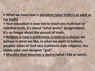 • Ecumenicalism
Ecumenicalism—“Deified ecumenical empire”
When there is a loss of a transcendent religious consensus, the
community idolizes “unity” while still accommodating great
diversity. For example:
--When Rome lost its localized ancestral religion and turned into a
vast empire, it instituted emperor worship.
The divinized Roman empire was “ecumenical,” that is worldwide
Rome tolerated people of all religions, provided they worshipped
Caesar as God. Christians who couldn’t do this were put to death.
 