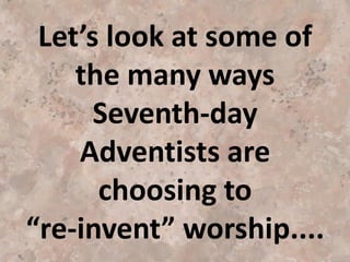 -Cultivate an informal, relaxed and friendly atmosphere. We made
a strategic decision to stop singing hymns in our seeker services. We
have attracted thousands more because of our music. (p. 285)
-Saddleback now has a complete pop/rock orchestra. (p. 290)
(so whether you come to serve God depends on if your style of
music is being played)
-Use more performed music than congregational singing... (p. 291)
-The ground we have in common is not the Bible, but our common
needs, hurts and interests as human beings. (p. 295)
*Note: the focus is on meeting peoples needs but they are
neglecting leading them to Christ. (Matt. 6:31-33 needs religion)
 