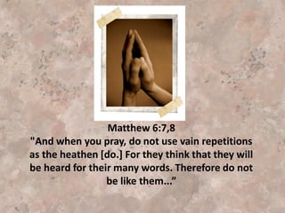 You’ll also find “sacred spaces” at
many GODencounters and prayer
retreats.
Definition of Sacred Spaces – an atmosphere
conducive to Contemplative
Prayer/Worship/Spirituality, created by setting
mood through props, art, furniture, fabric,
lighting, incense, music, etc. Derives from occult
ritual in which there is a sensory environment
created in order to draw the spiritual forces into
a specific physical dimension and space.
 