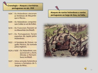 Cronologia – Ataques a territórios
    portugueses no séc. XVII
                                     Ataques de navios holandeses a navios
                                     portugueses ao largo de Goa, na Índia.




                                                                              22
 