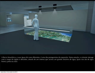 A Bacia Amazônica, e suas águas de cores diferentes, é uma das protagonistas da exposição. Nesta estação, o visitante interage
com o mapa da região e descobre, através de um sistema que aciona um grande chuveiro de água, quais rios são de água
branca, preta ou clara.
sexta-feira, 8 de outubro de 2010
 